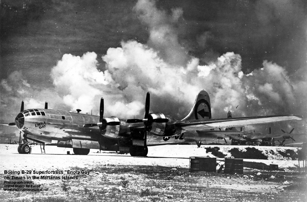 B-29EnolaGayOnTinianInTheMarianasIslands_USAFphoto_captioned